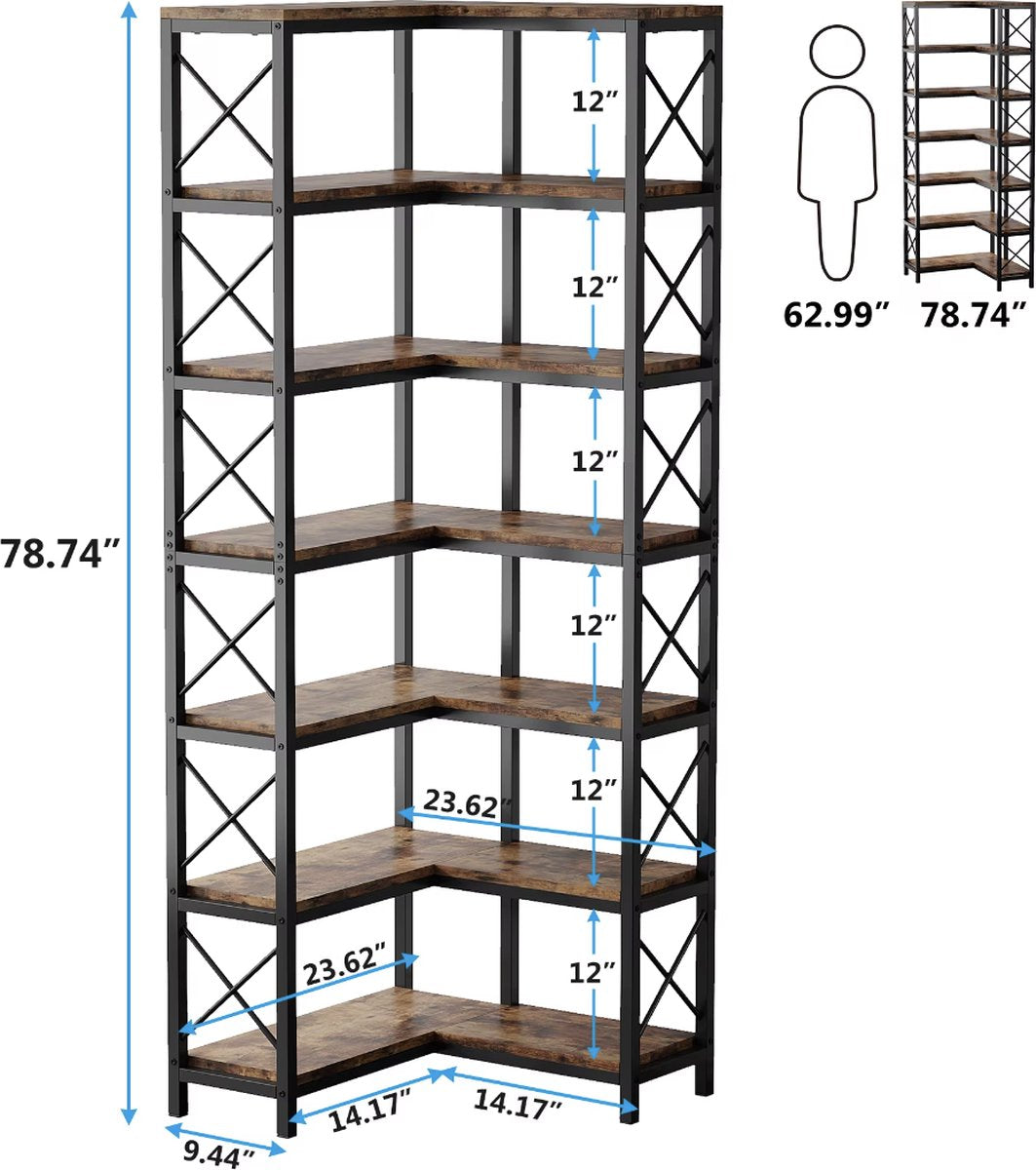 J&R Hoekboekenkast - Plankenkast - Open Kast - Hout - 7 Lagen - Industrieel - Zwart metaal - Donker hout - 200x60x60