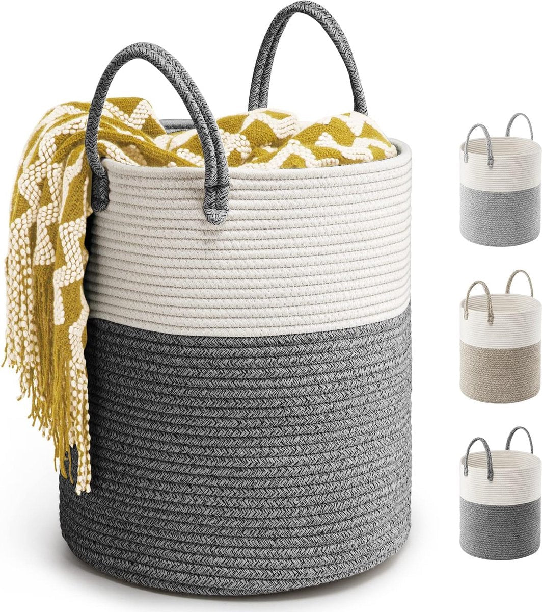 Large Laundry Hamper Cotton Rope 39L Blanket Storage Basket D35 x H40 CM Woven Laundry Basket with Handle Storage Basket Braided Foldable Laundry Basket for Home Storage and Decoration (Dark Grey)