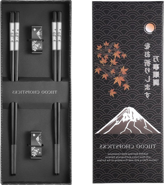 Reusable metal chopsticks - set of 2 pairs titanium plated stainless steel - dishwasher safe - non-slip - Japanese style - laser engraved - with holder - gift set Chopsticks