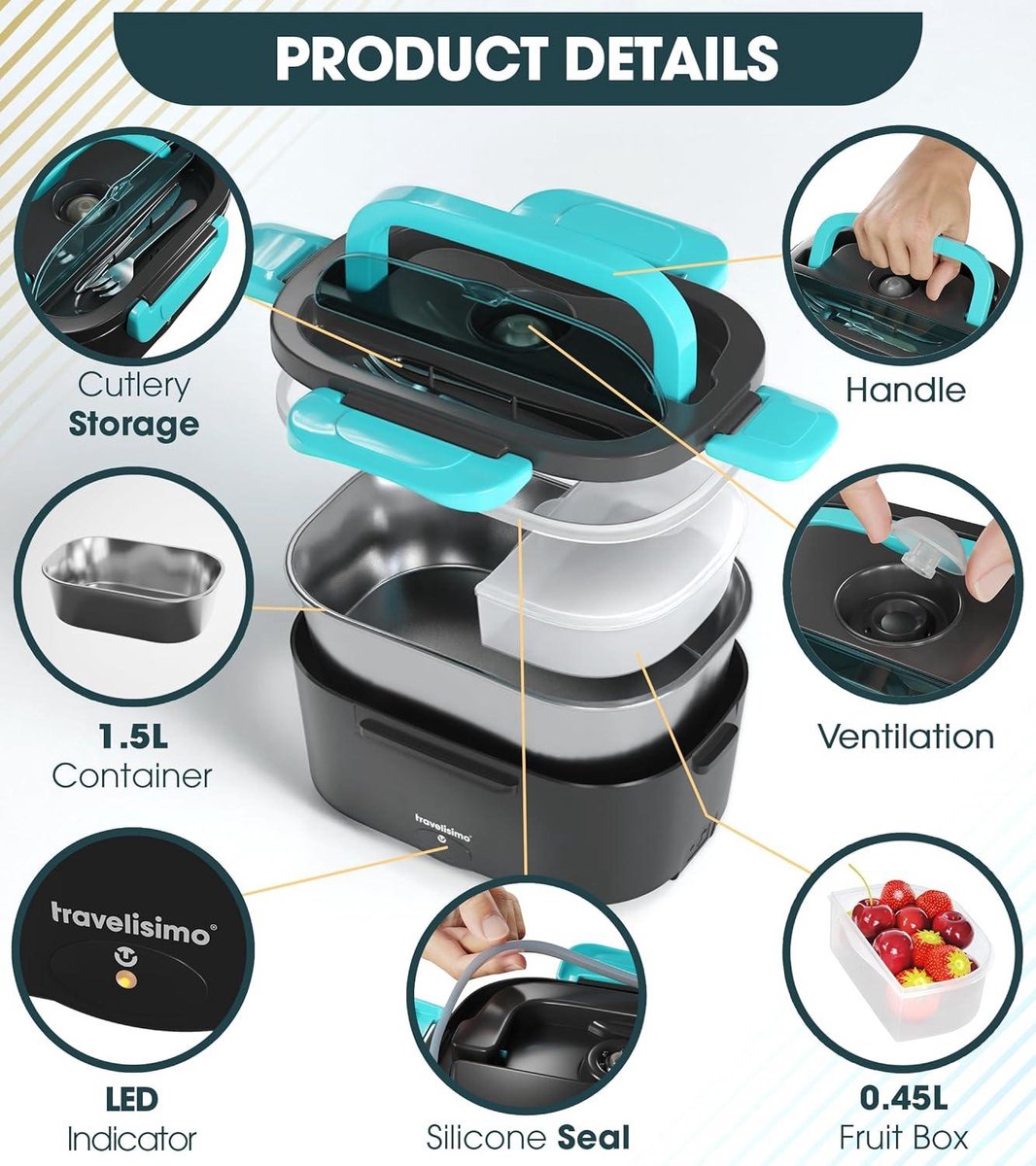Elektrische Lunchbox Voedselverwarmer 3 in 1 80W - Draagbare Voedselwarmer voor Auto Vrachtwagen Thuis en Werk - met 1.5L Verwijderbare Roestvrijstalen Voedselverwarmer Container - Warmhoudbak 12V+24V+220V