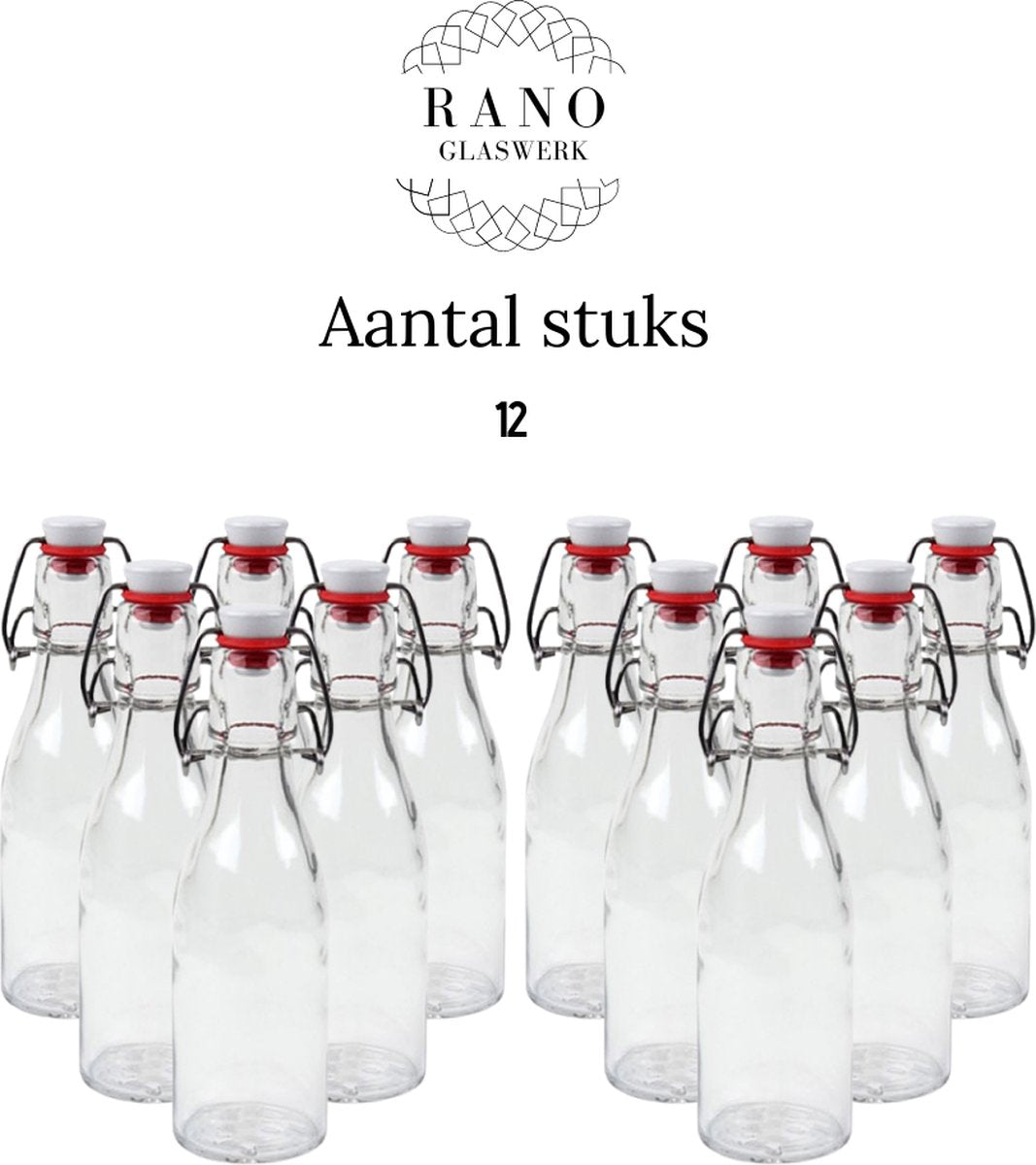 RANO - 12x beugelfles 200ml - Luchtdicht - fles met beugelsluiting / beugelflessen / weckfles / inmaakfles / sapfles / glazen flesjes met dop / decoratie