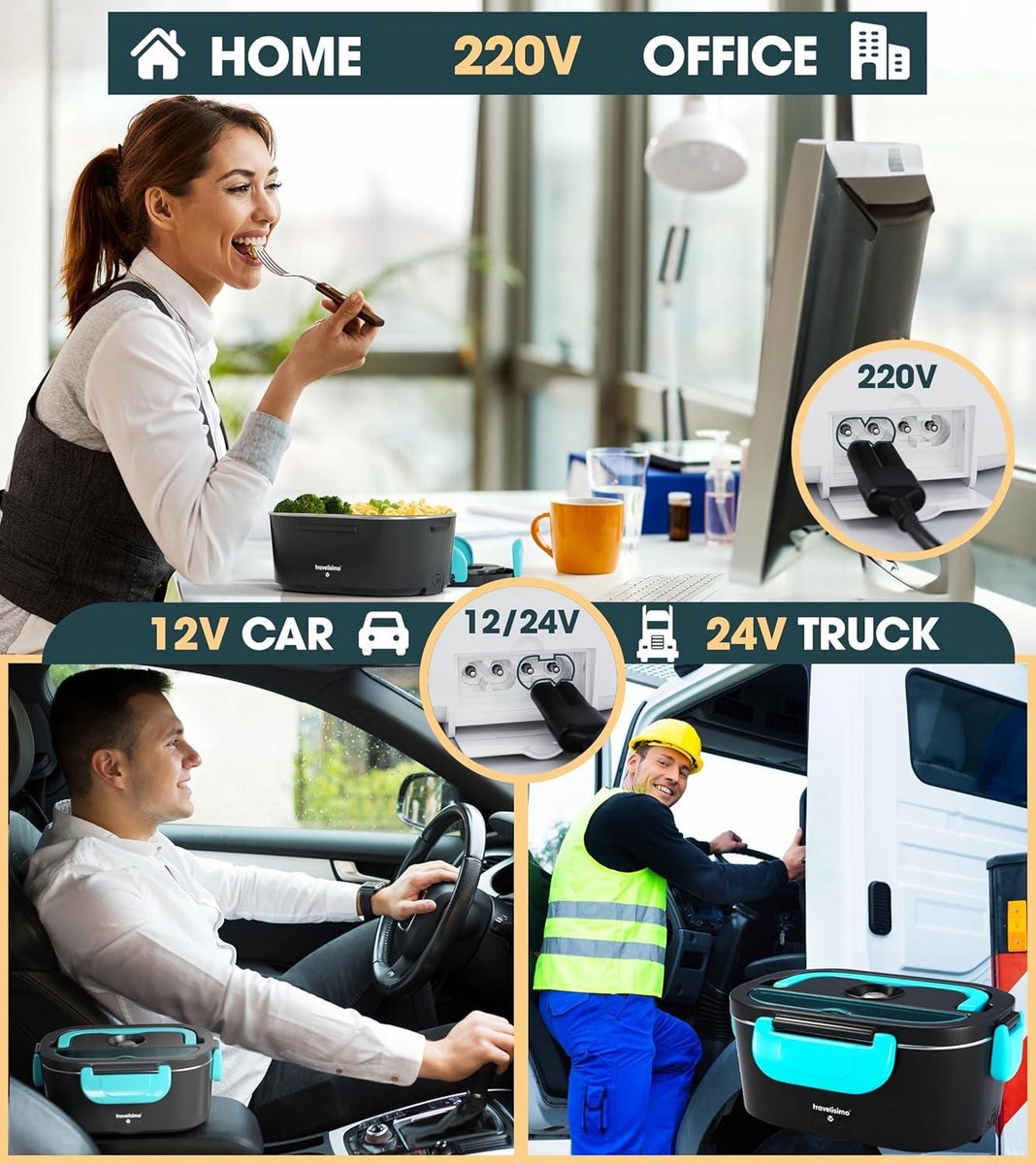 Elektrische Lunchbox Voedselverwarmer 3 in 1 80W - Draagbare Voedselwarmer voor Auto Vrachtwagen Thuis en Werk - met 1.5L Verwijderbare Roestvrijstalen Voedselverwarmer Container - Warmhoudbak 12V+24V+220V