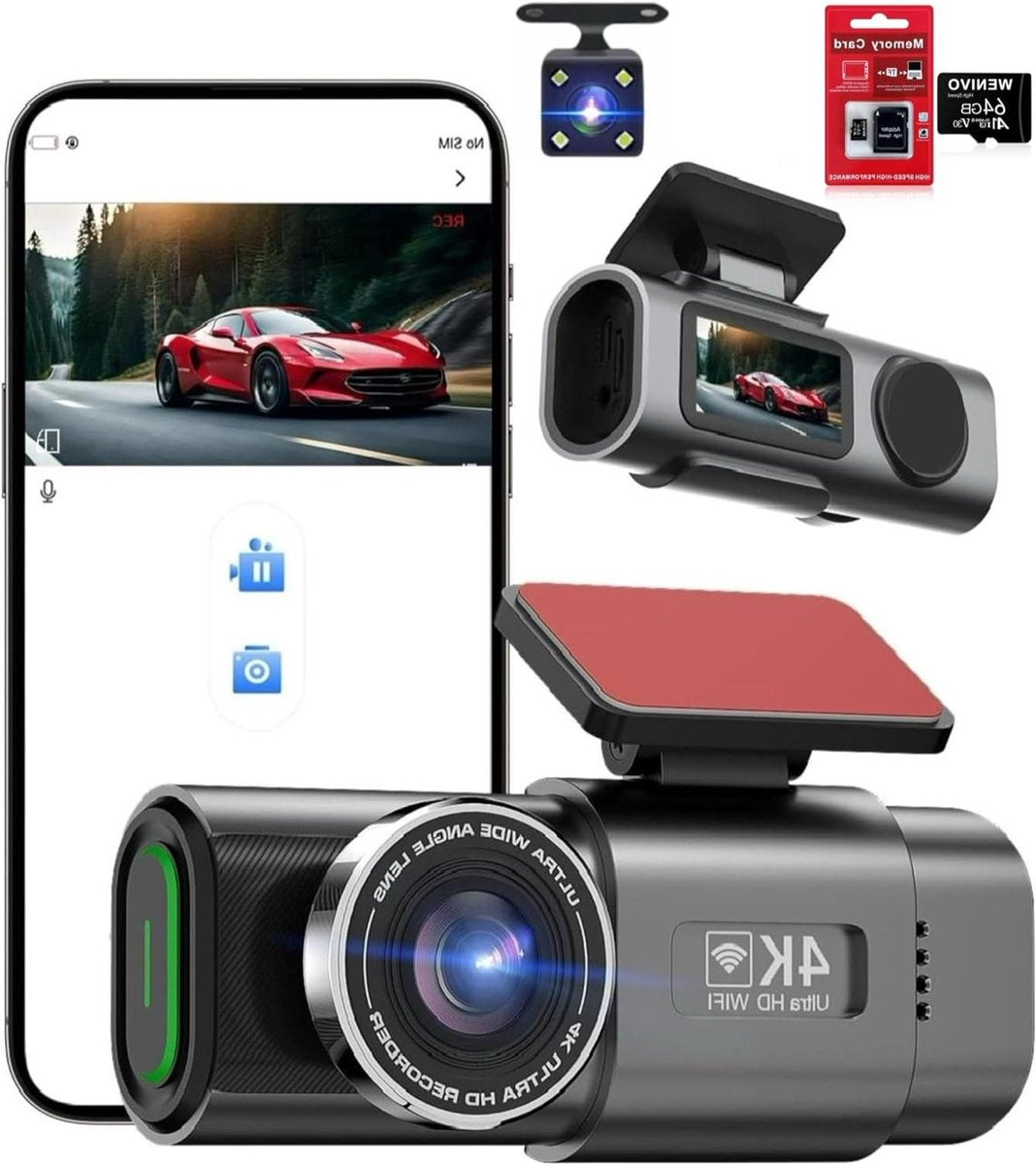 Dashcam Auto Mini Dash Camera Video Recorder Wi-Fi APP GPS Tracker IPS Scherm Nachtzicht G-Sensor 170 Groothoek WDR 24 uur Parkeermonitorkit 64GB - 4K Voor Beveiliging Parkeren Dashcam voor auto