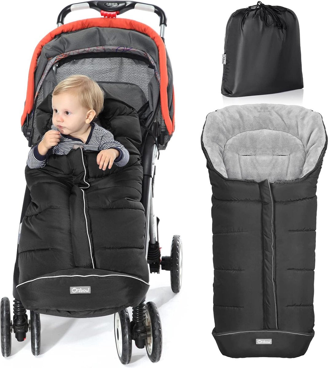 Voetenzak voor kinderwagen, buggy, babyslaapzak, voetenzak voor autostoeltje, winter voetenzak met rits, wasbaar, geschikt voor alle kinderwagens (zwart, groot)