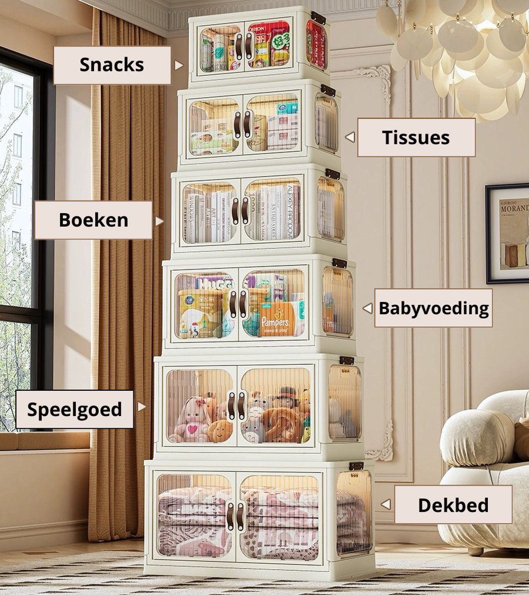 Storage cabinet - Foldable - Storage cabinets with doors - With wheels - Storage boxes - Storage box - Width 63cm - 2 layers - Storage - Organizer - Tidying up - Kitchen - Bathroom - Living room - Bedroom