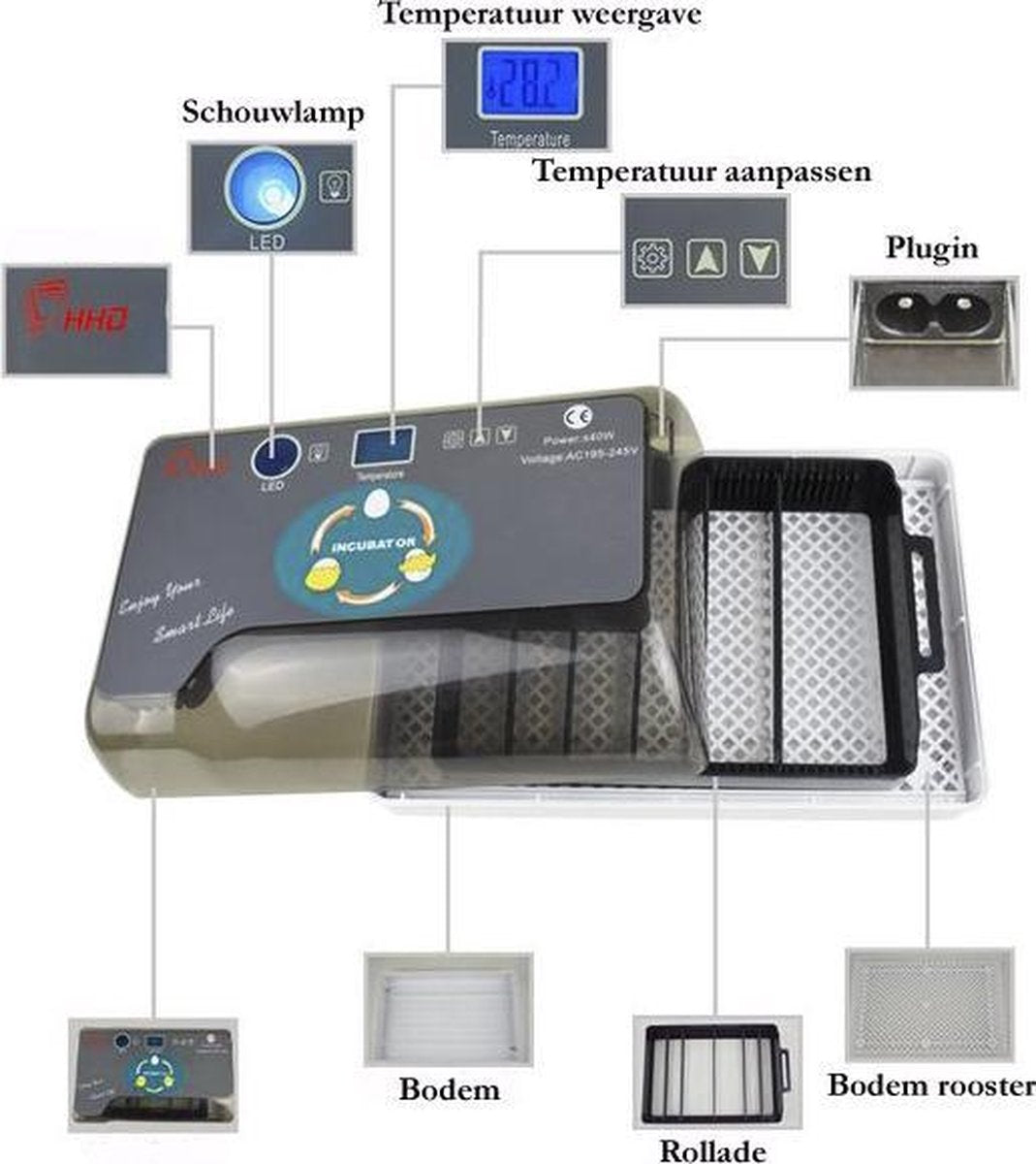 Smart Incubator for eggs - automatic rolling system with integrated candling lamp and water bottle