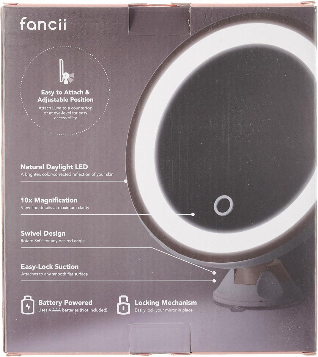 Make-up Mirror - Mirror 10X magnifying mirror with dimmable LED light USB battery 20cm wide Strong Suction Cup Luna - Rose Gold