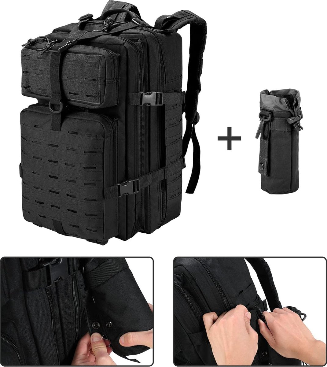 Militaire tactische rugzak, 45 liter, grote capaciteit, leger-Assault Pack, waterdichte rugzak voor wandelen, jacht, trekking en kamperen en andere outdooractiviteiten, camoblack, Zwart 45L