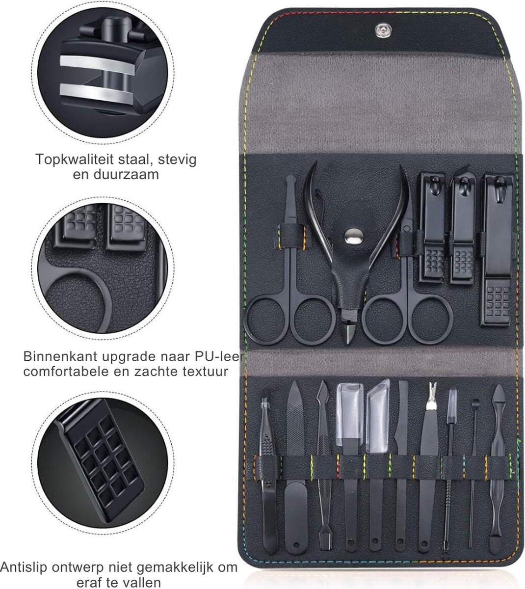 Pedicure Set - Electric Nail Drill - Nail Care - 16-Piece - With Storage Bag - Stainless Steel - Black