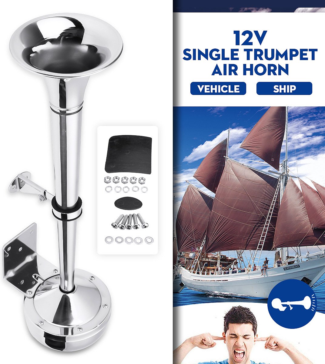 RVS Scheepshoorn - RVS Hoorn - Elektrische Hoorn - Elektrische Scheepshoorn - Elektrische Hoorn/Toeter - 130 dB - 12V - 40cm - Voor Boot, Auto & Vrachtwagen - Zilver