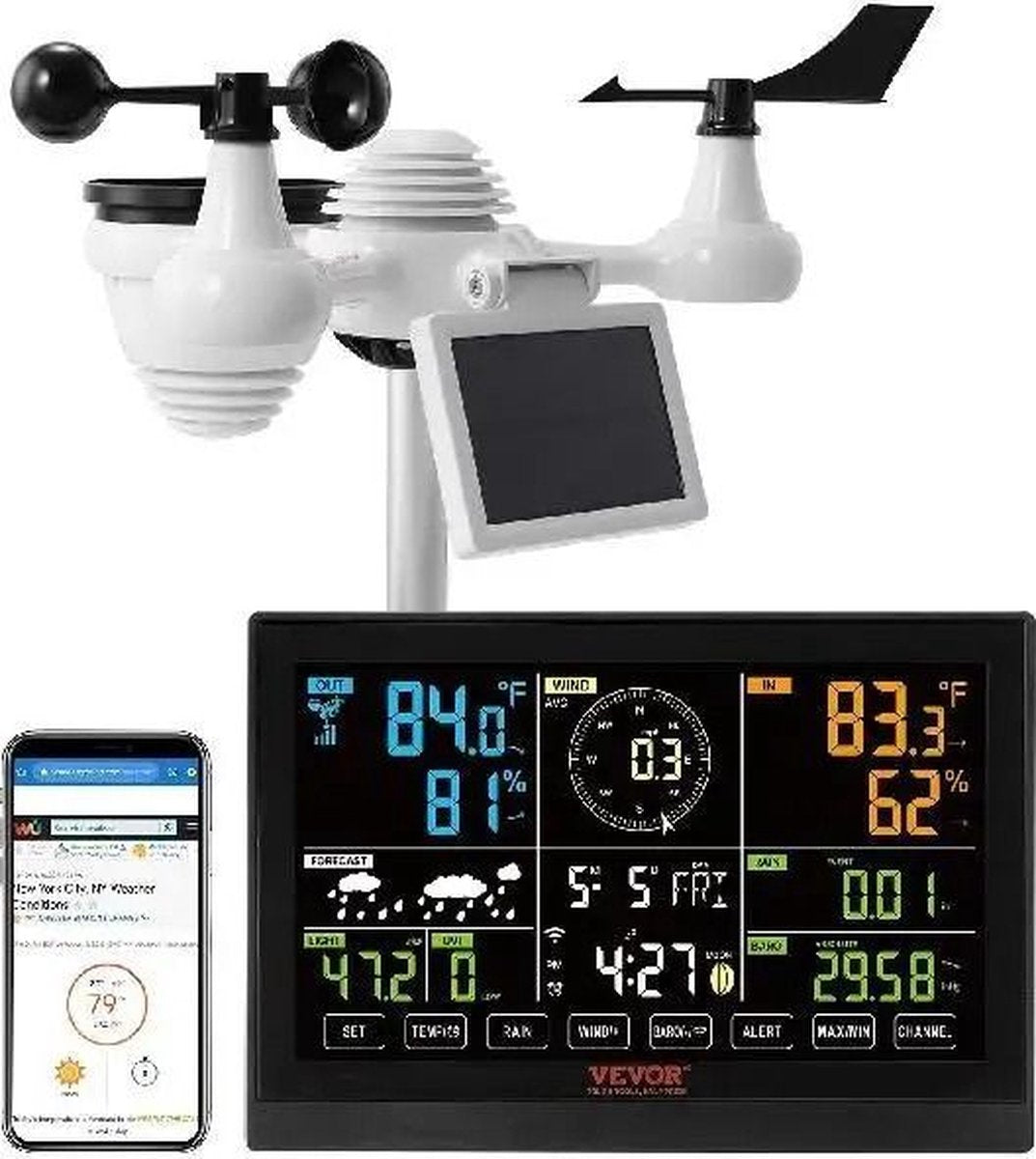 Verkoop Nederland® - 7-In-1 - Wi-Fi Afstandsbediening - Weerstation - 7.5 Inch Kleurendisplay - Met Zonne-Energie - Draadloze Outdoor Sensor - Alarm - Waarschuwingen Voor Temperatuur- En Luchtvochtigheid - Zwart - 20 x 13 x 29 CM