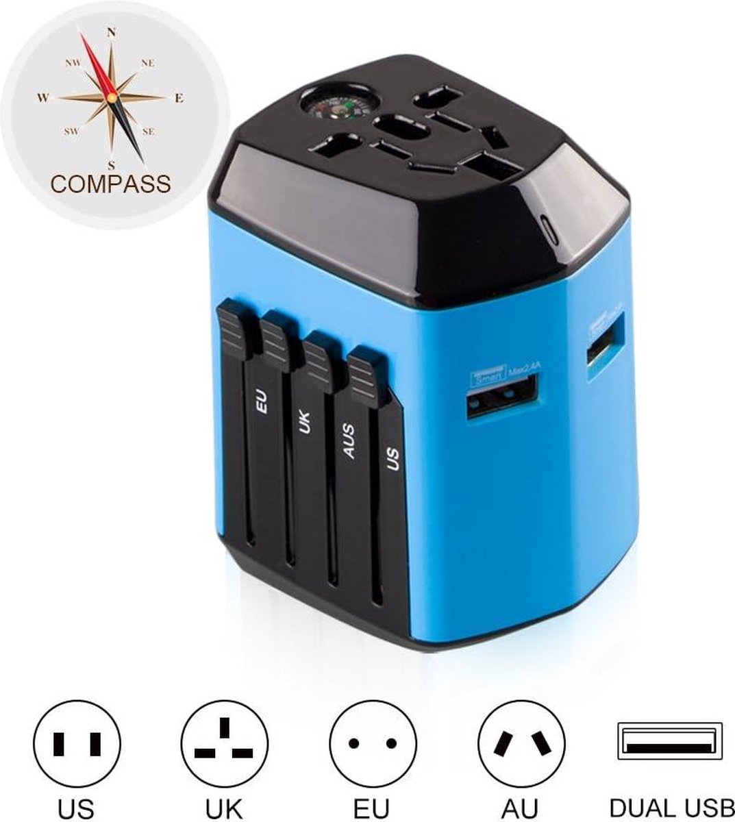 Universal Travel Adapter with 2 USB Ports for 180 Countries UK/EU/US/AU - House Shape Blue