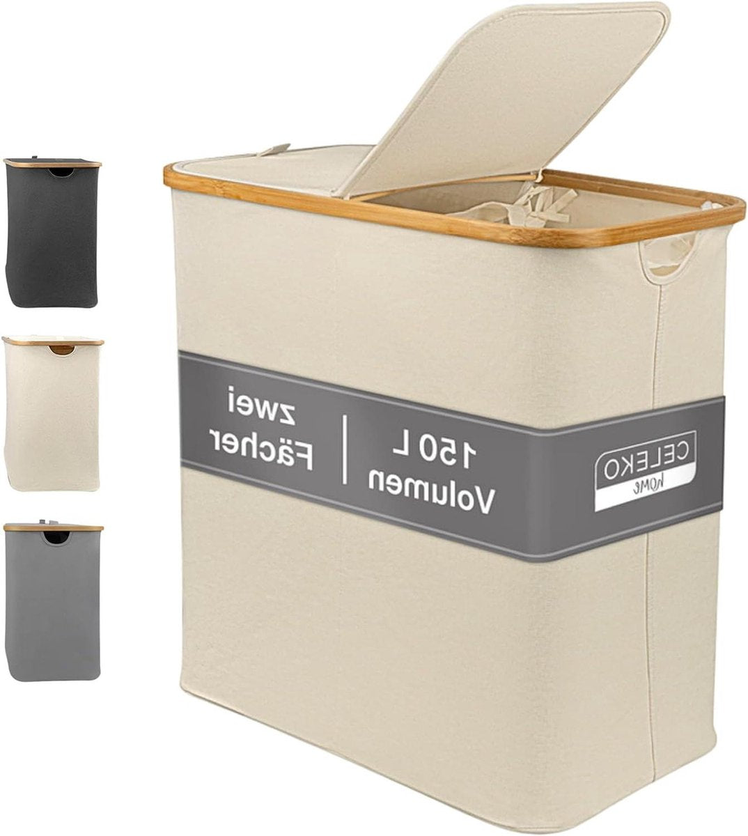 Light Laundry Basket 2 compartments with lid 150 liters bamboo fabric large XXL sorting system laundry collector - beige - Celeko