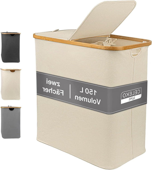 Light Laundry Basket 2 compartments with lid 150 liters bamboo fabric large XXL sorting system laundry collector - beige - Celeko
