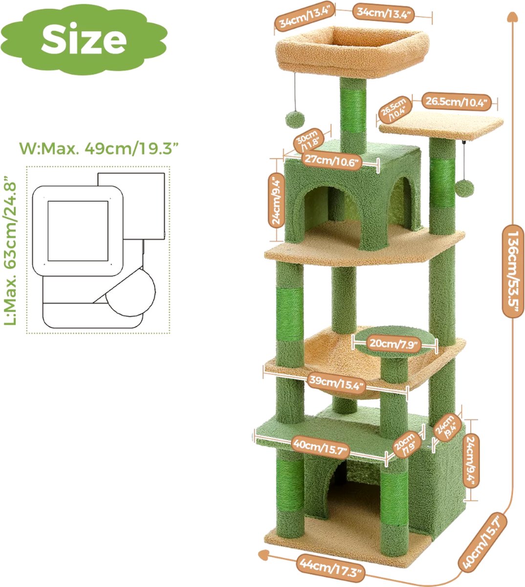 Luxe kattenboom - krabpaal voor katten - kattenhuis - kattenmeubel - kattentoren - groen - 40x44x136cm