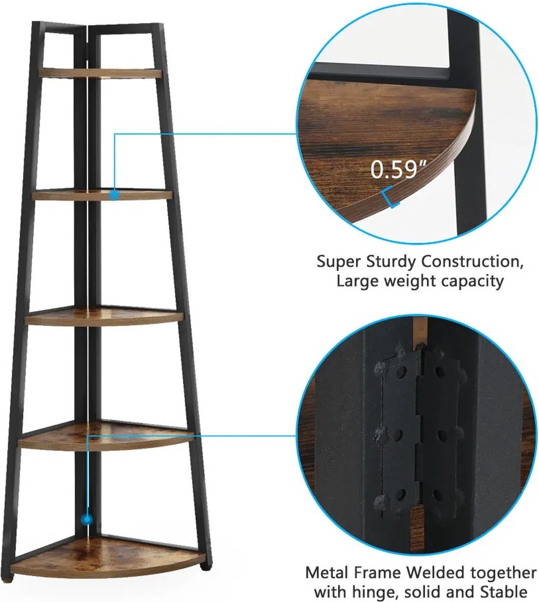 Boekenkast - Hoekmodel - Boekenrek - Boekenplanken - Metalen Frame - 5 Houten planken - Opbergplanken - B 65,91cm x D 24,99cm x H 179,58cm