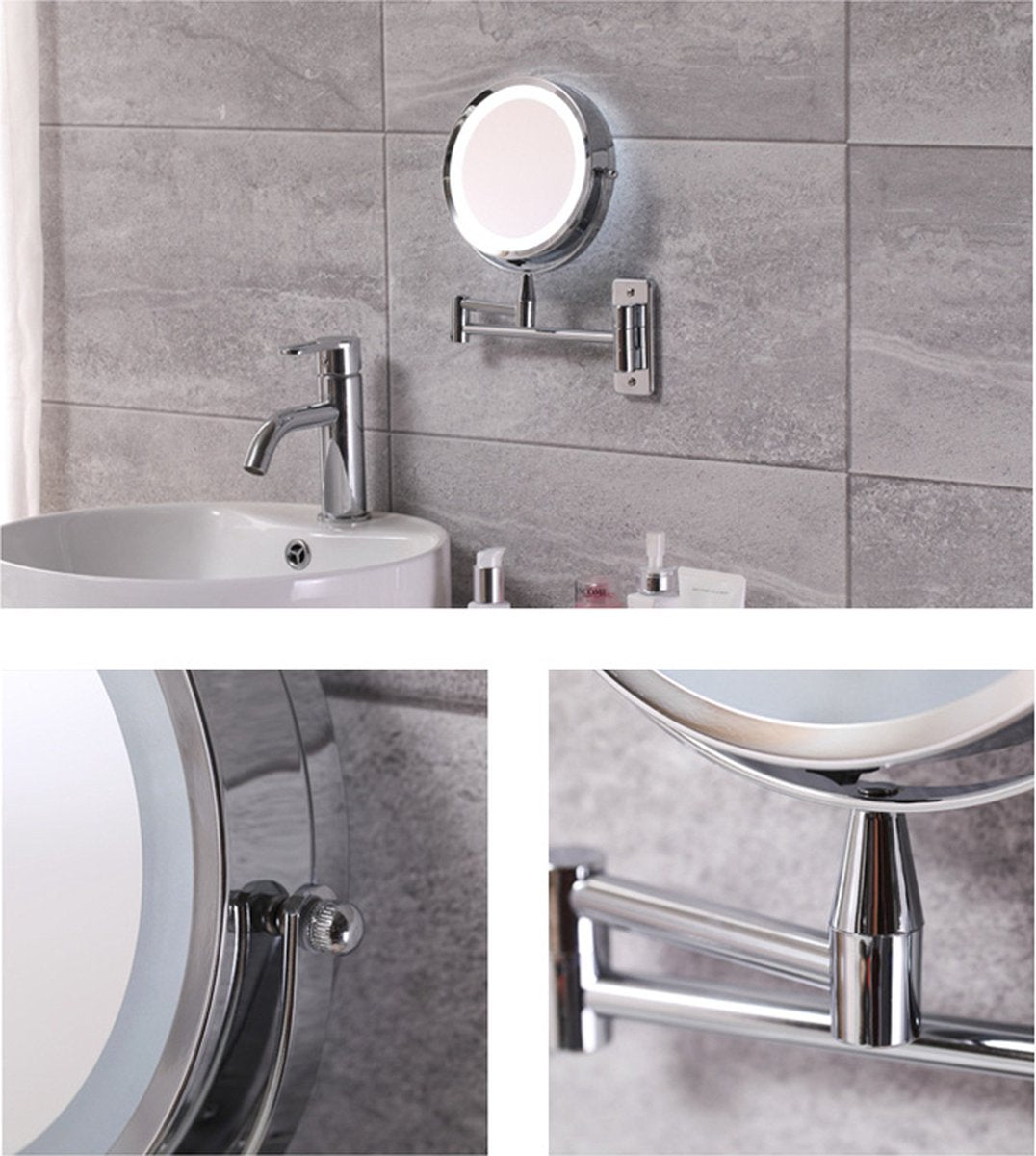 Make-upspiegel met LED-verlichting - Rond - Scheerspiegel - 3x vergroting - 15 cm - Chroom - Scheerspiegel - Opmaakspiegel - Batterij - Vergrotende spiegel - 360° Verstelbaar