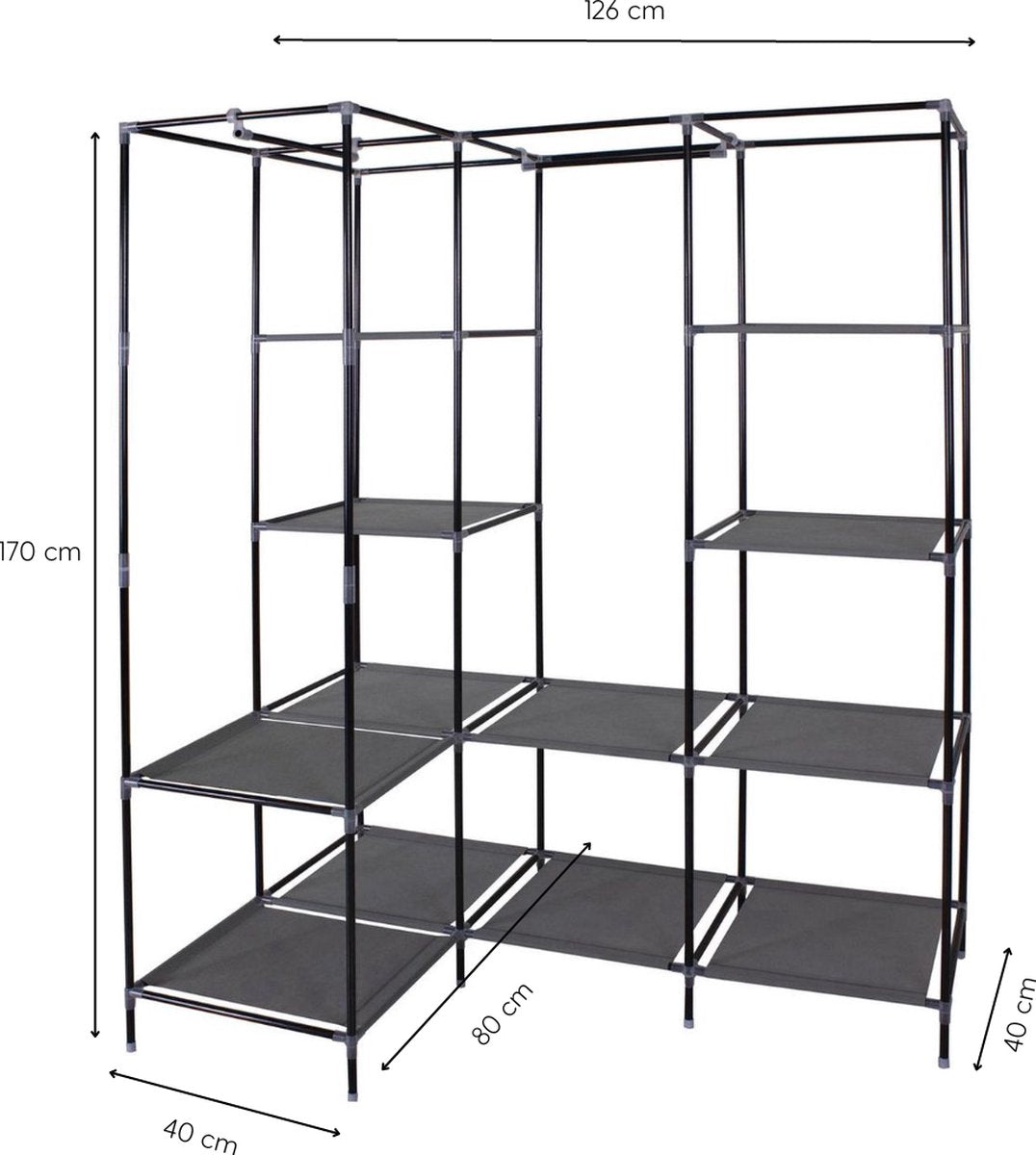 HK1Z Opvouwbare kledingkast – 126 x 40 x 170 cm – 9 legplanken – Stalen frame – 90KG draagkracht – Stoffen garderobekast – Legkast hoekmodel – Ruimtebesparende kleerkast – Kampeerkast – 126 x 40 x 170 cm – Zwart