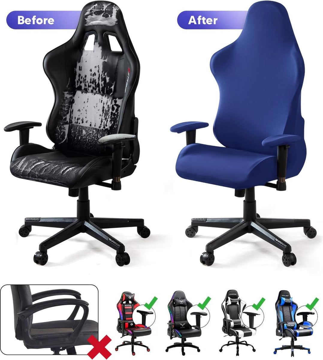 Stretch Gaming Chair Covers, afneembaar, wasbare stoelhoes voor computerstoel, stoel, draaistoel, DX Racing, gaming-stoel (geen stoel), blauw