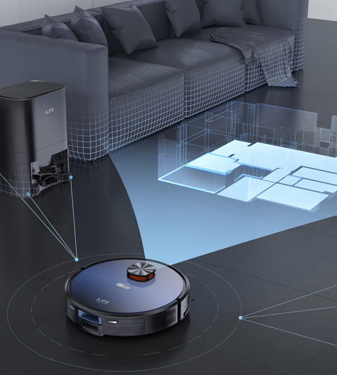 J&R Robotstofzuiger - Automatische lediging - Stofzuiger - Spraakbediening - Zuigen en dweilen - WiFi - 3KPa Zuigkracht - Slimme mapping - Alexa - Google Assistant - Zwart