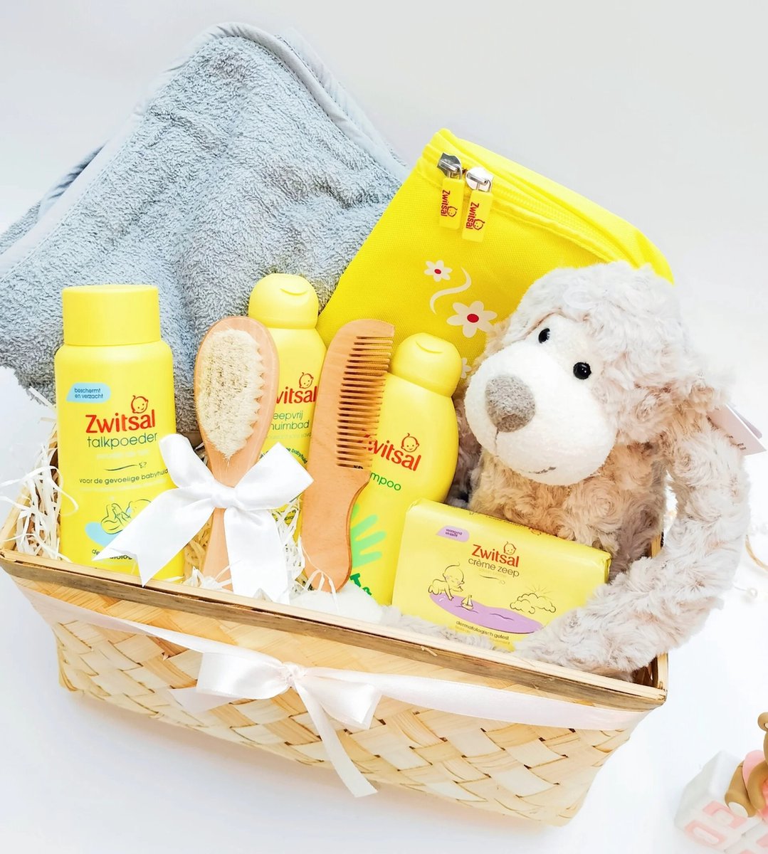 Kraamcadeau voor meisje en jongen 10 stuks - Hawsaz.nl Cadeau - Genderneutraal kraamcadeau - Geschenkset unisex - Babygeschenkset - Babyshower - Baby Knuffel - Gepersonaliseerde cadeaus - Badcape - Zwitsal Babyverzorging - Tweeling