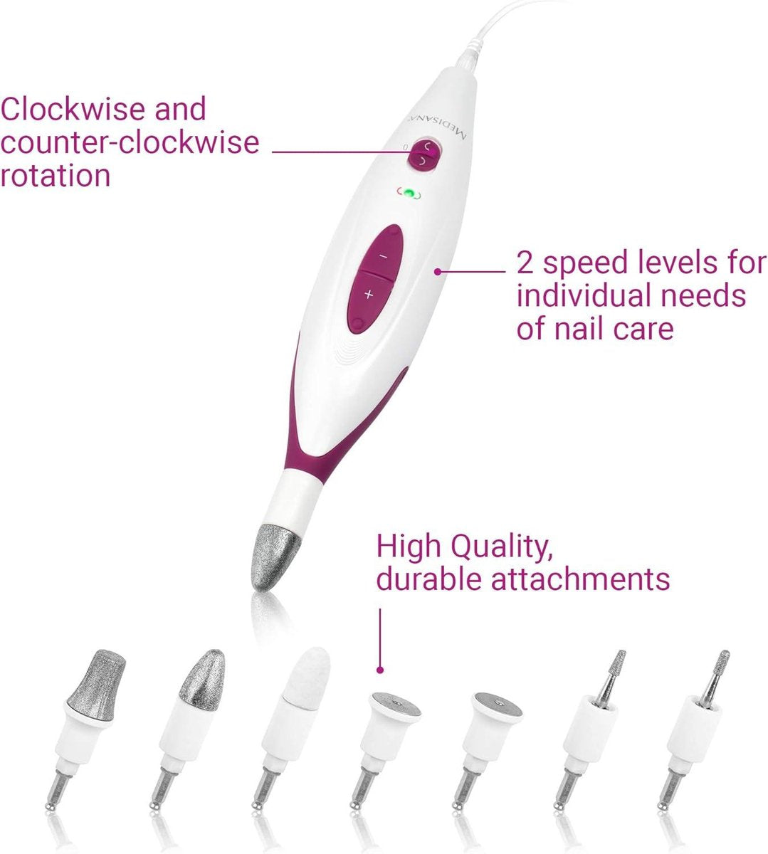 Manicureset Elektrische Manicure- en Pedicureset met 7 Nagelverzorgingshulpstukken - 2 Snelheidsinstellingen voor Nagels, Nagelriemen en Eelt