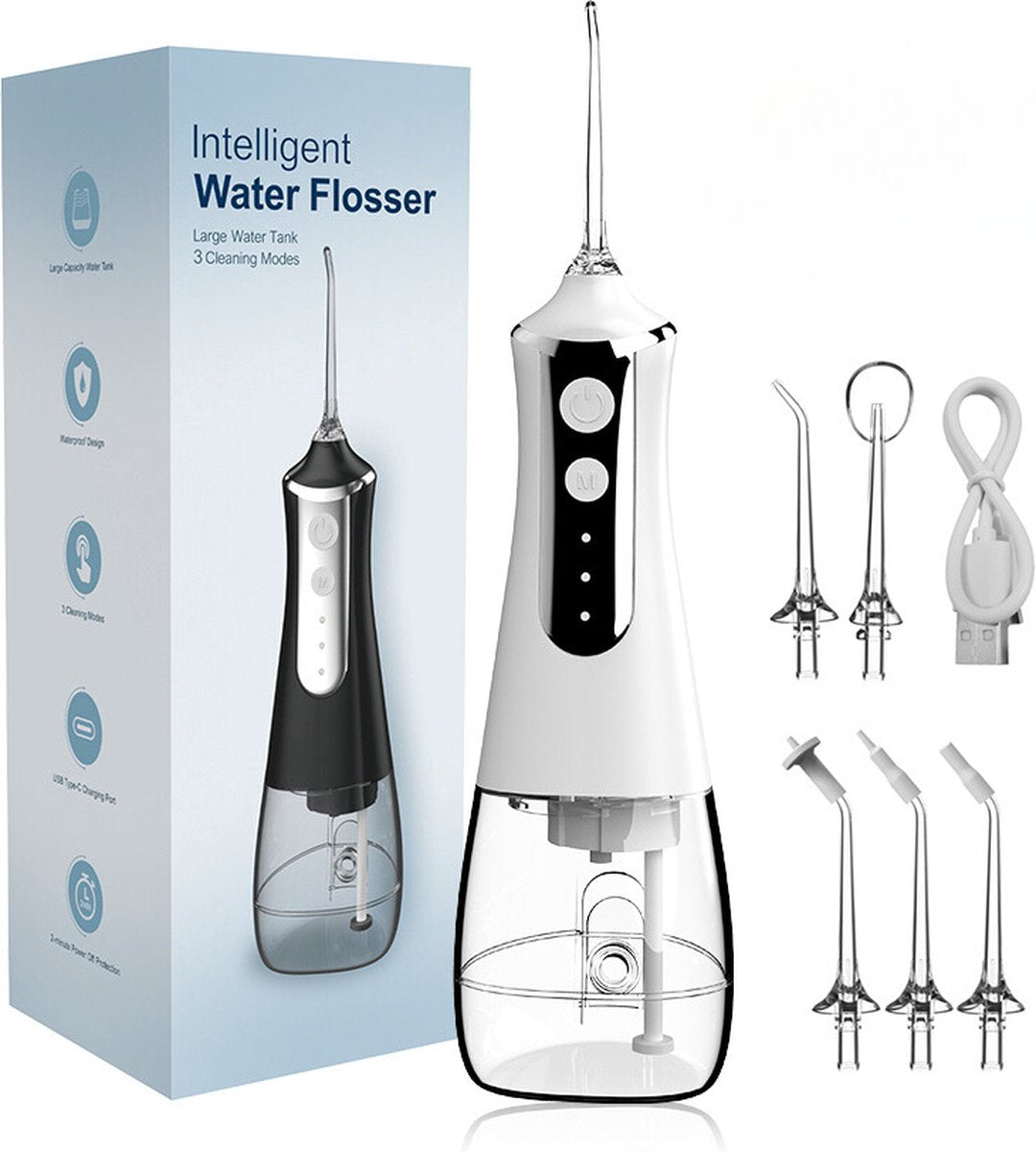 YHS WaterFlosser - Cordless - 5 Nozzles - Oral Irrigator - Electric Flosser - Water Pik - Electric Toothpick - Durable - High-Pressure Flossing - White