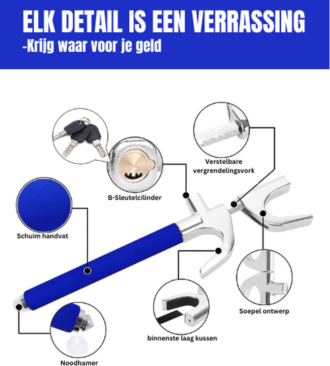 Stuurslot - Stoplock - Blauw - Anti Diefstal - Auto Beveiliging - Universeel - 3 Sleutels - Auto - Camper - Bestelwagens - Vrachtwagens