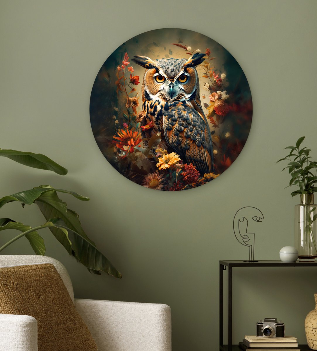 WallCircle® Muurcirkel 60x60 cm - Wandcirkel Uil - Vogel - Bloemen - Planten - Dieren - Botanisch - Muurdecoratie woonkamer - Wanddecoratie slaapkamer - Kamer decoratie accessoires - Ronde schilderijen - Woonaccessoires cirkel binnen