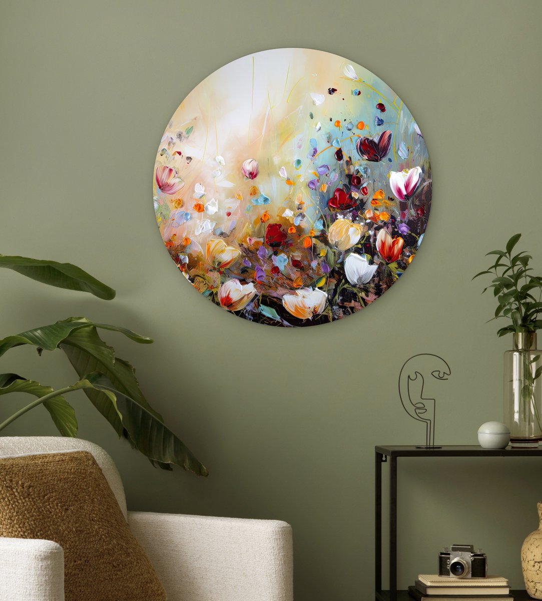 WallCircle® Muurcirkel 60x60 cm - Olieverf - Bloemen - Kleurrijk - Natuur - Plant - Veld - Muurdecoratie woonkamer - Wanddecoratie slaapkamer - Kamer decoratie accessoires - Ronde schilderijen - Woonaccessoires cirkel binnen