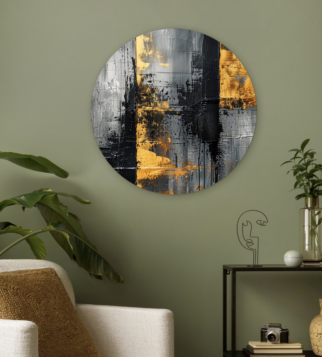 WallCircle® Wandcirkel 60x60 cm - Muurcirkel Modern - Goud - Grijs - Patroon - Abstract - Luxe - Muurdecoratie woonkamer - Wanddecoratie slaapkamer - Kamer decoratie accessoires - Ronde schilderijen - Woonaccessoires binnen cirkel