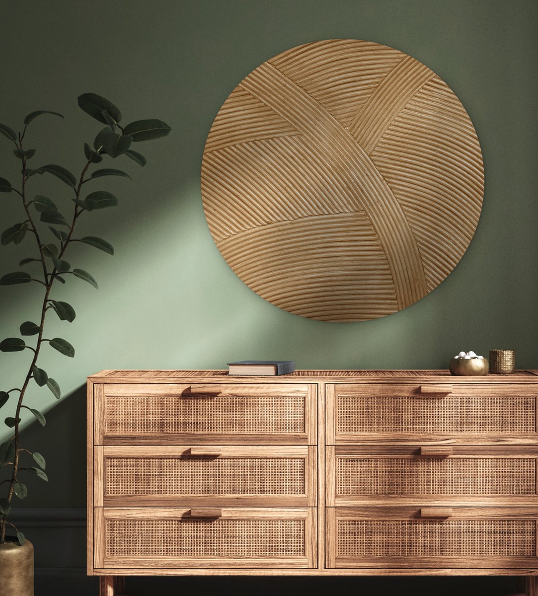 WallCircle® Wandcirkel 90 x 90 cm - Muurcirkel Structuur - Natuur - Rotan Kunst - Natuurlijk Modern - Muurdecoratie woonkamer - Wanddecoratie slaapkamer - Kamer decoratie accessoires - Ronde schilderijen - Woonaccessoires cirkel binnen