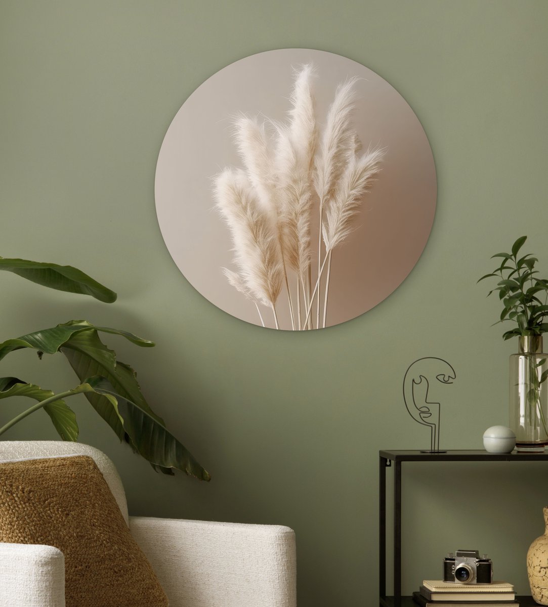 WallCircle® Wandcirkel 60x60 cm - Muurcirkel Pampasgras - Pluimen - Planten - Pastel - Aardtonen - Muurdecoratie cirkel woonkamer - Wanddecoratie slaapkamer - Kamer decoratie accessoires - Ronde schilderijen binnen - Woonaccessoires
