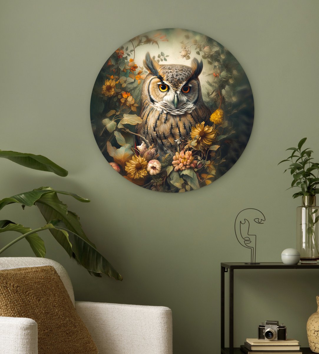 WallCircle® Wandcirkel 60x60 cm - Muurcirkel Uil - Vogels - Bloemen - Natuur - Portret - Dieren - Muurdecoratie woonkamer - Wanddecoratie slaapkamer - Kamer decoratie accessoires - Ronde schilderijen - Woonaccessoires cirkel binnen