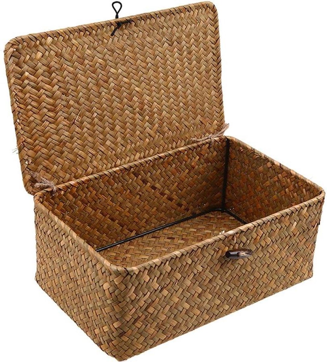 Rieten opbergmand van geweven rotan - opbergdozen met deksels - zeegras wasmanden - make-up organizer - badkamer woonkamer keuken - kleine rieten mand