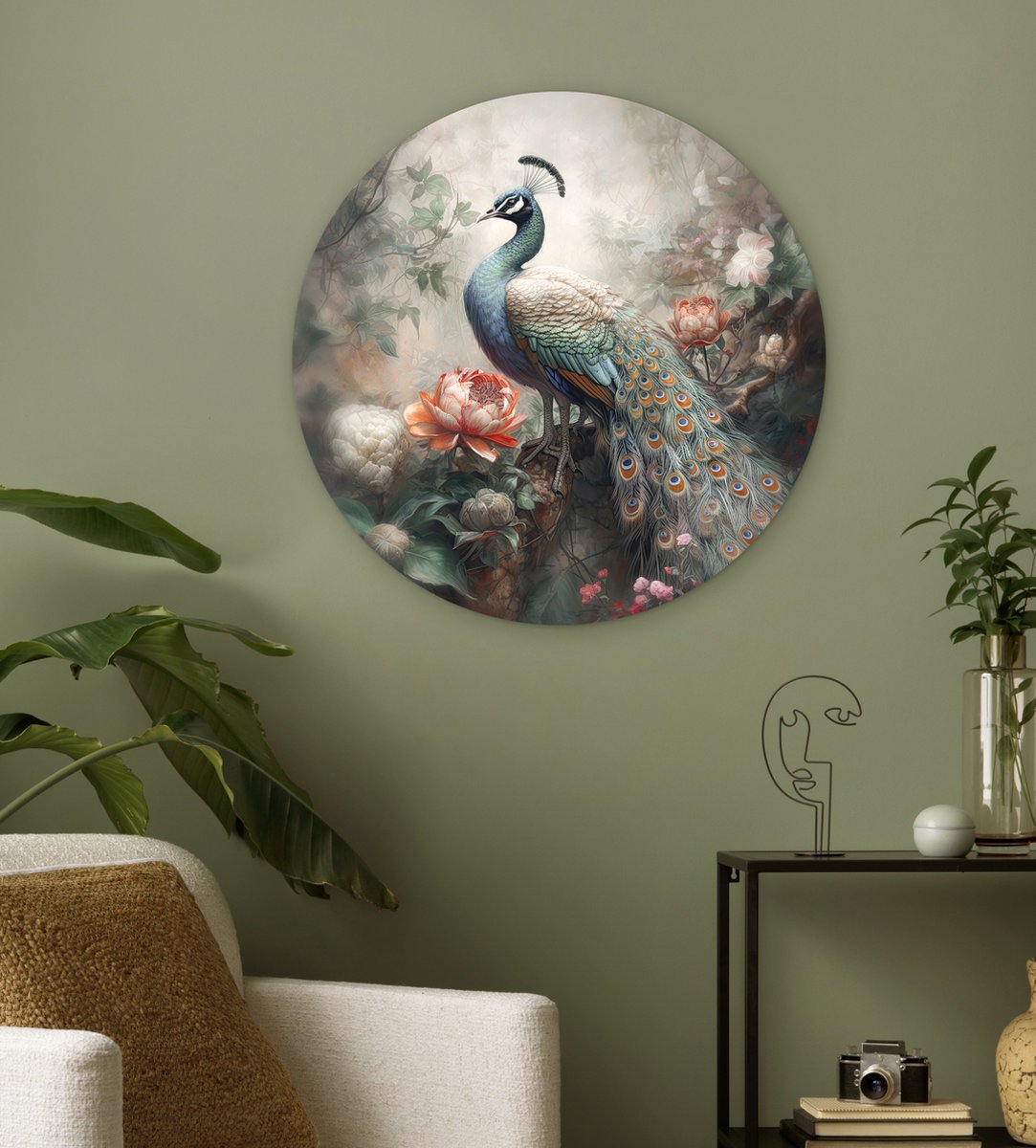 WallCircle® Wandcirkel 60x60 cm - Muurcirkel Pauw - Pauwenveren - Vogel - Bos - Jungle - Bloemen - Muurdecoratie woonkamer - Wanddecoratie slaapkamer - Kamer decoratie accessoires - Ronde schilderijen - Woonaccessoires cirkel binnen