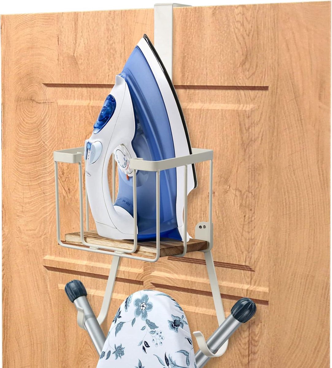 Ironing board holder wall mount with large storage basket - laundry room holder for iron and board - spray bottle storage rack Ironing board