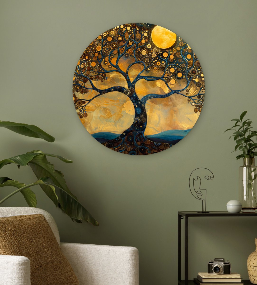 WallCircle® Wandcirkel 60x60 cm - Muurcirkel Boom - Industrieel - Abstract - Geel - Planten - Maan - Natuur - Muurdecoratie cirkel woonkamer - Wanddecoratie slaapkamer - Kamer decoratie accessoires - Ronde schilderijen binnen