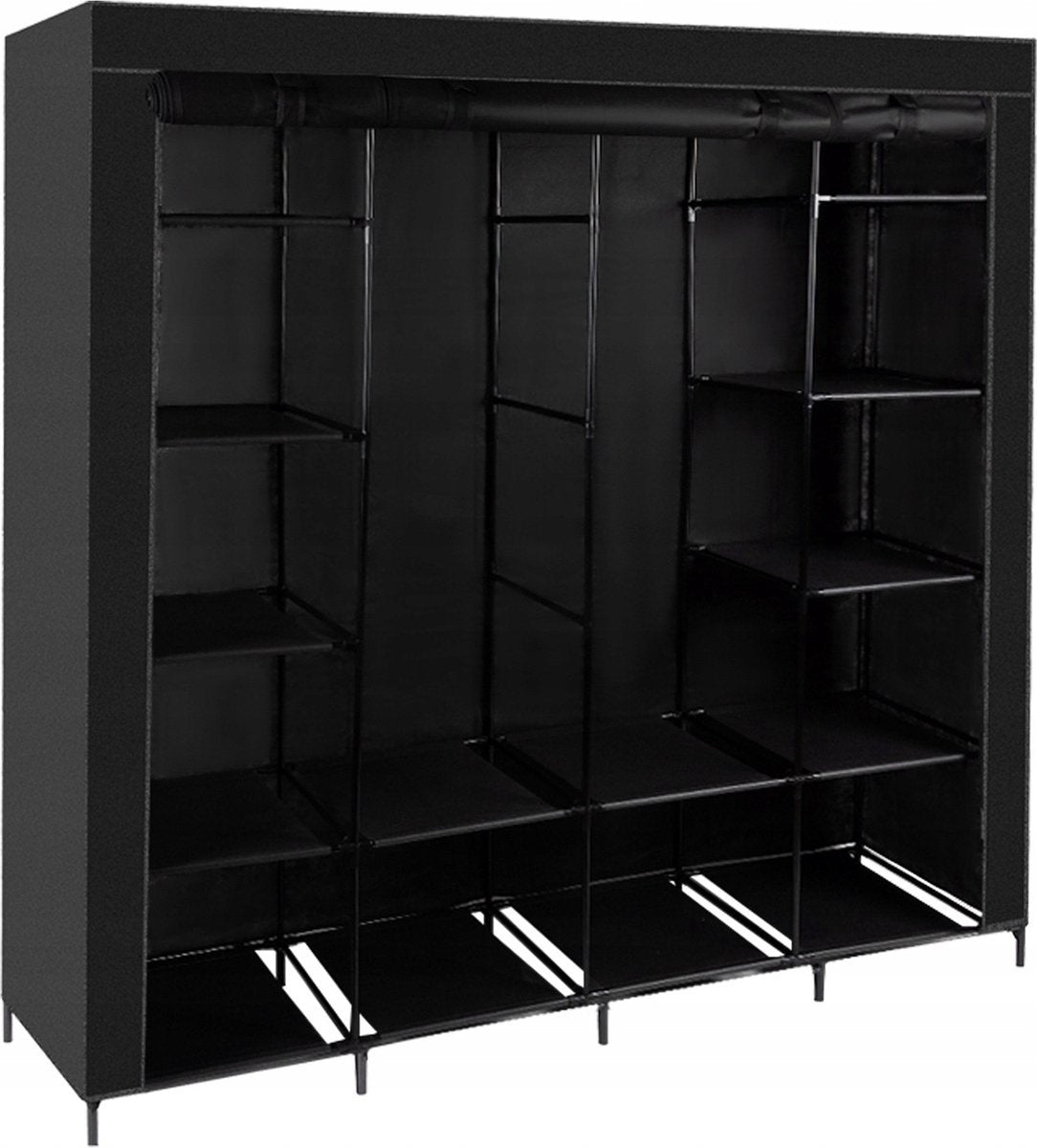 Fabric Wardrobe XXL 170 x 170 x 42 cm - Camping Cabinet - 14 Shelves - 3 Doors - 2 Hanging Rails - Black