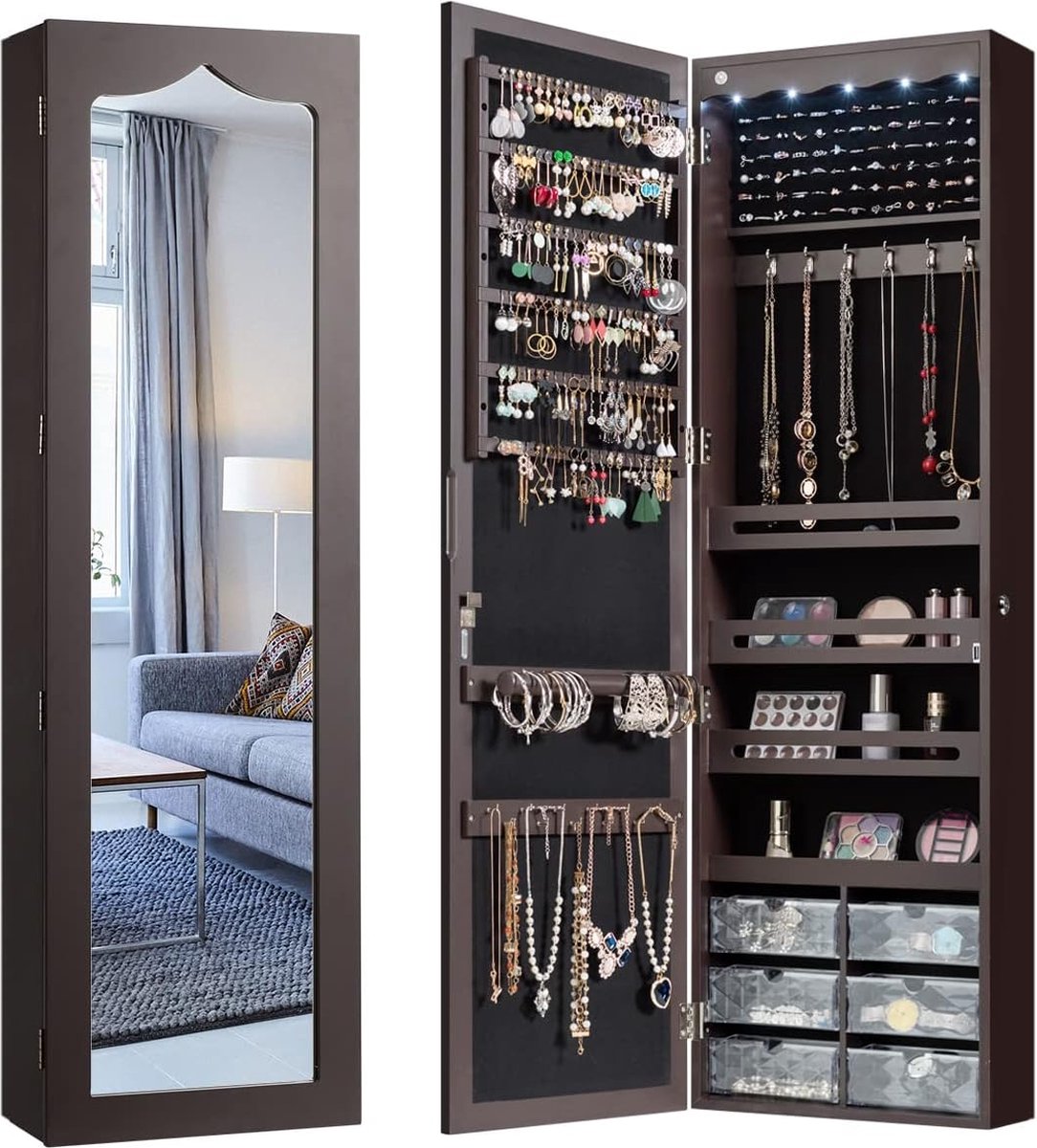 Jewelry Cabinet with 5 LED Lights, Lockable Wall/Door Mounted Jewelry Armoire with Large Mirror and 6 Acrylic Drawers, Large Capacity Jewelry Organizer for Girls, Women (Brown)