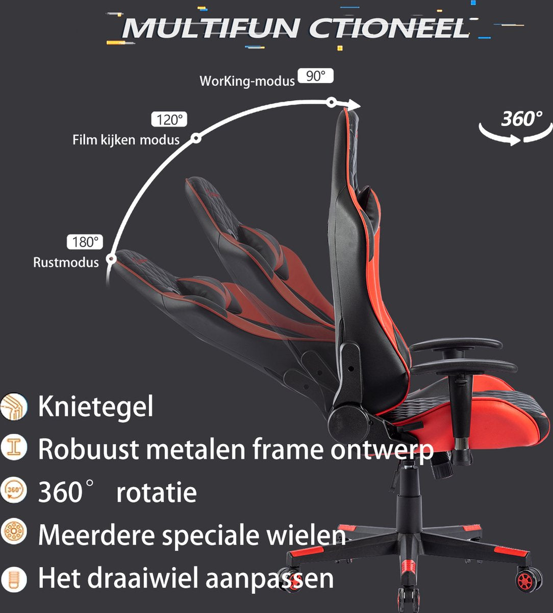 Seven Comfort - Game Stoel - Gaming Stoel - Gaming Chair - Zwart - Bureaustoel Met Nekkussen & Verstelbaar Rugkussen - Instelbare Zithoogte