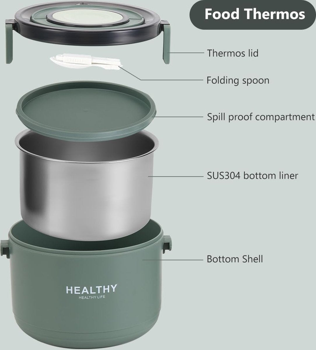 Thermo-etenscontainer, 1000 ml roestvrij staal, warmhoudcontainer voor eten en kinderen, thermische lunchbox met gespsluiting voor soep, muesli, stoofpot (groen)