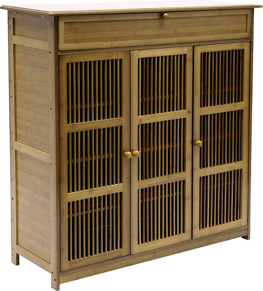 J&R Schoenenkast - Houten kast - 3 deuren - 4 planken - Opbergvak - Keukenkast - Gangkast - Eetkamerkast - Bamboe - Dressoir - Lichtbruin