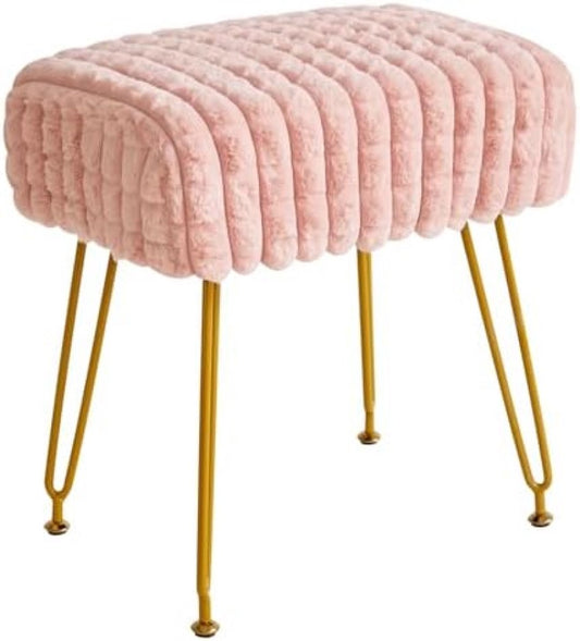 Rectangle footstool ottoman, make-up vanity stool side table, Velvet dressing table chair, Pouf bench stool, Golden steel legs, Square grid pattern, Pink