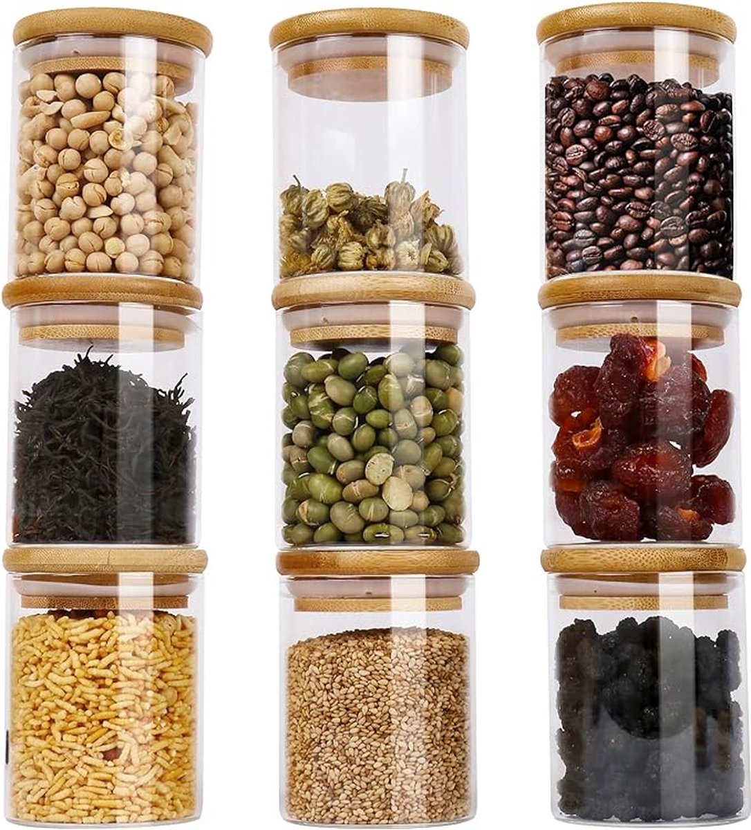 9-delige set glazen voorraadpotten van 250 ml, kruidenpotten met bamboedeksels en 125 etiketten, luchtdichte bussen van hoog borosilicaatglas voor keukenopslag, voedselopslagcontainers voor kruiden, thee, koffiebonen, suiker en koekjes