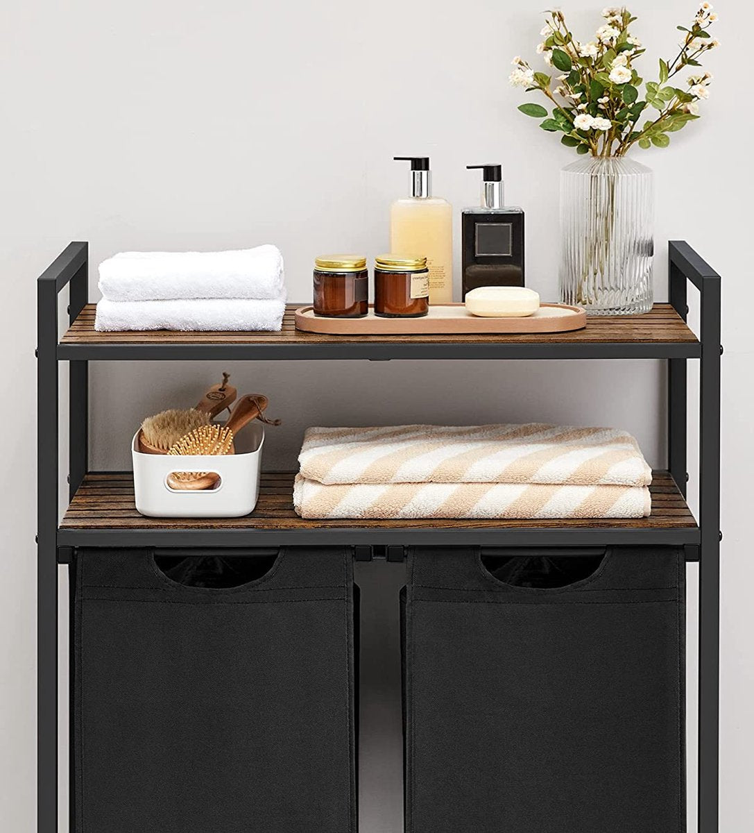 wasmand, wasverzamelaar, 2 compartimenten, 2 planken, wasbak, waszak uitschuifbaar en verwijderbaar, per zak 46 liter, voor badkamer, wasruimte, vintage bruin-zwart BLH211B01