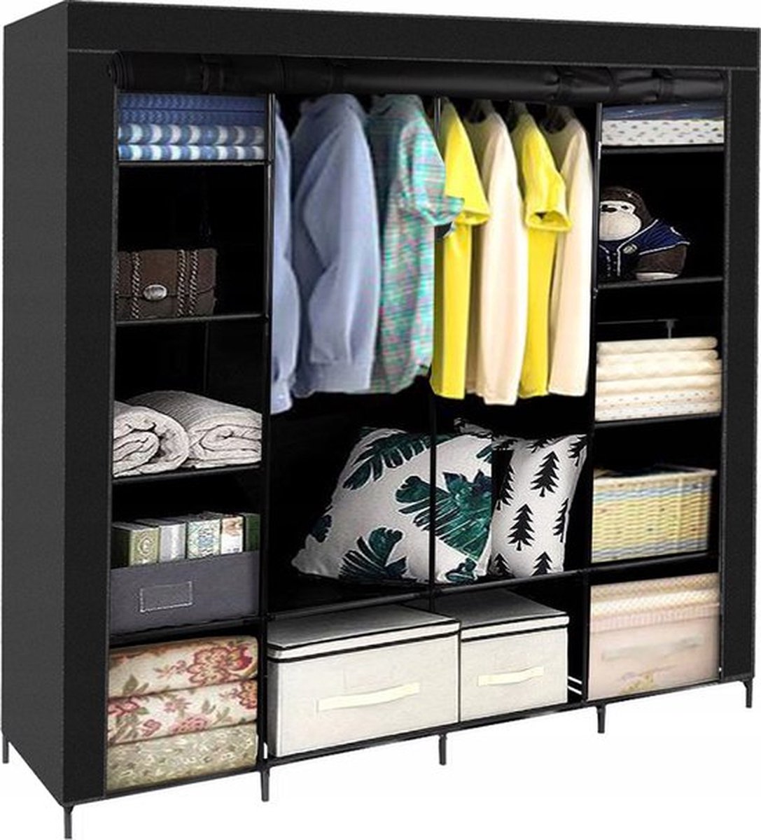 Fabric Wardrobe XXL 170 x 170 x 42 cm - Camping Cabinet - 14 Shelves - 3 Doors - 2 Hanging Rails - Black