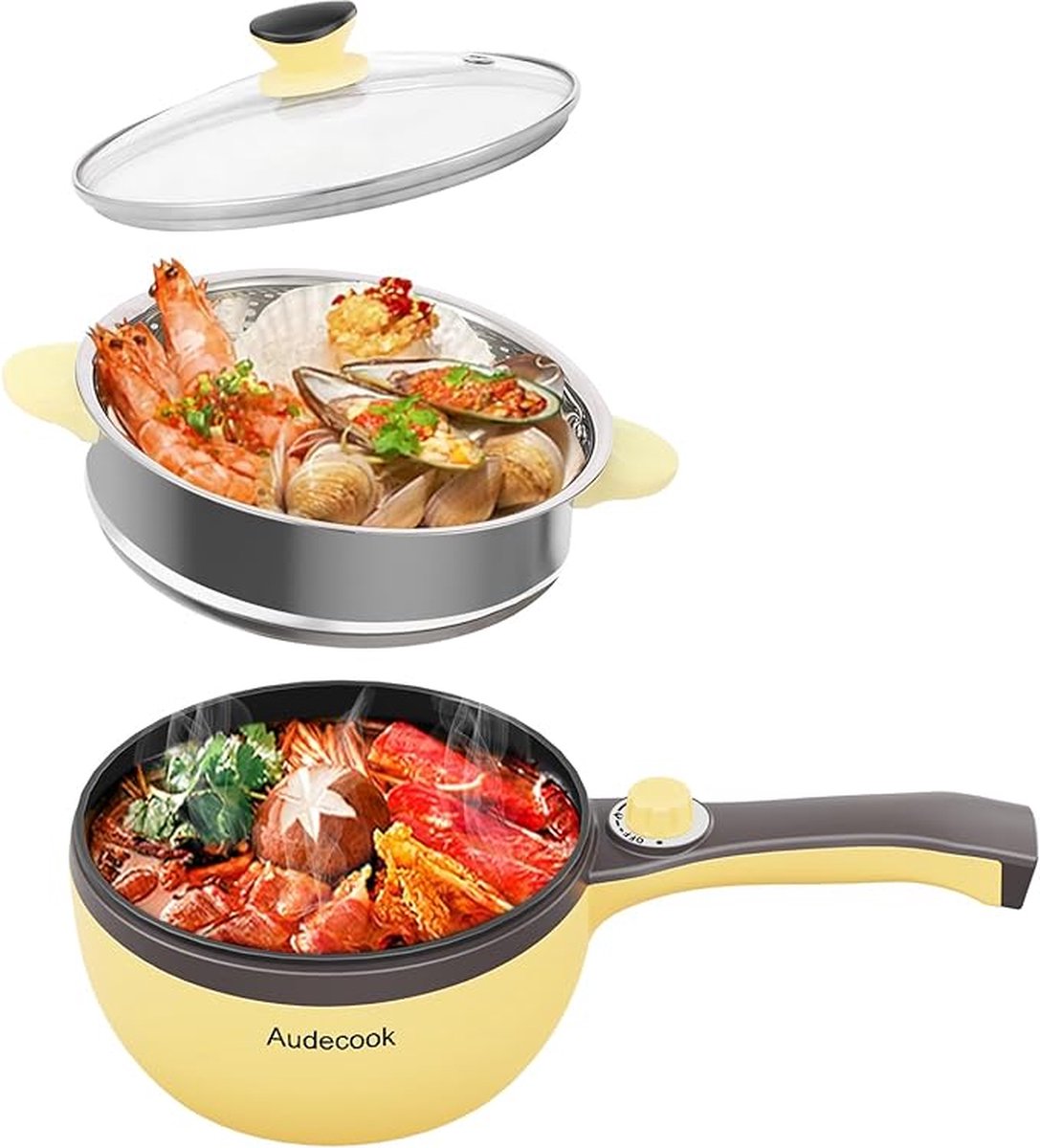 Elektrische Hot Pot Pan - Elektrische Pan - Multifunctionele Koekenpan met Anti-aanbaklaag - Kleine Pasta Pan - 1,5 L Draagbaar Kookgerei voor Reizen/Slaapzaal - Snelle Verwarming, Spatel en Eierrek Inbegrepen