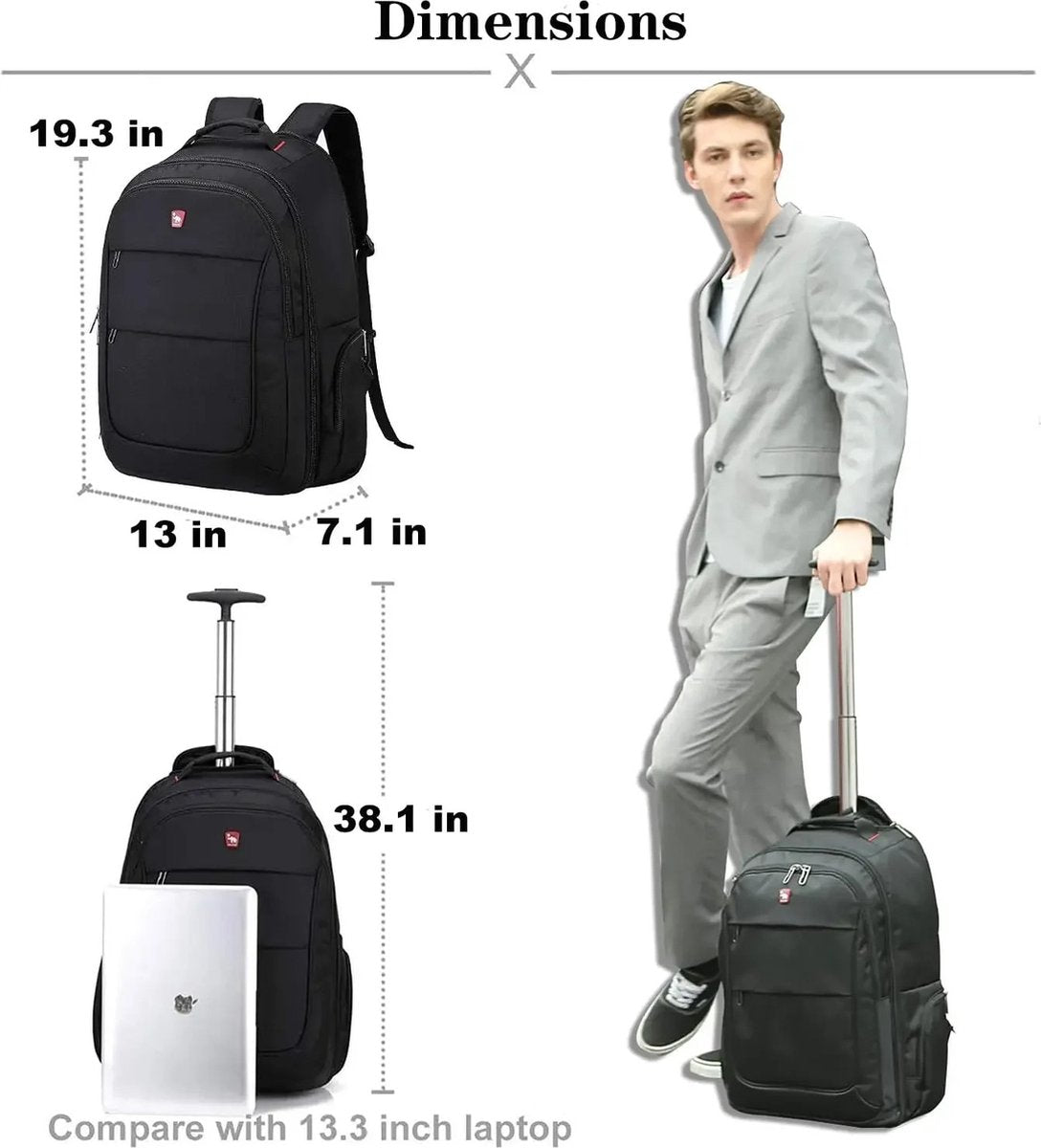 ByLoesje® Trolleyrugzak - Wieltjes - Handvat - Bagage - Zwart - Inhoud 29 liter - Laptopvak