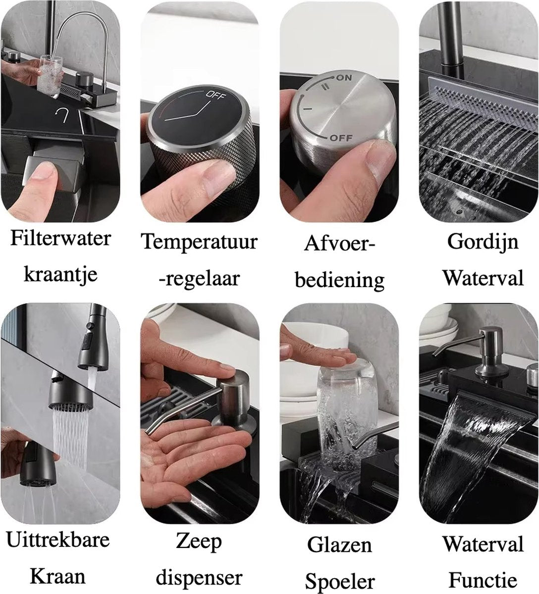 Multifunctional Sink - Kitchen sink - Multifunctional basin - Waterfall faucet - Including accessories - 75x45cm